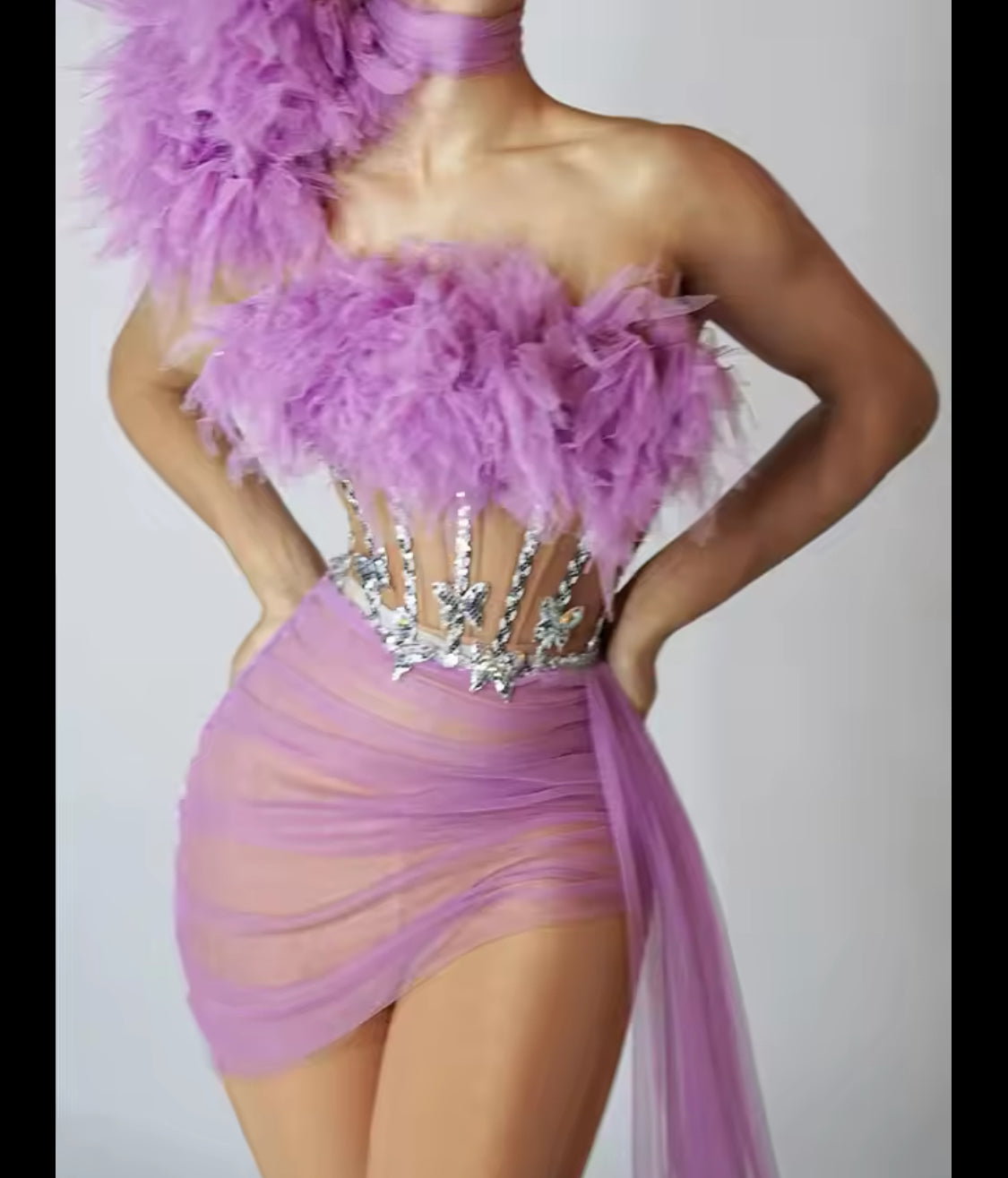 Baddie See Through with Diamonds/Butterfly Ruffle Dress