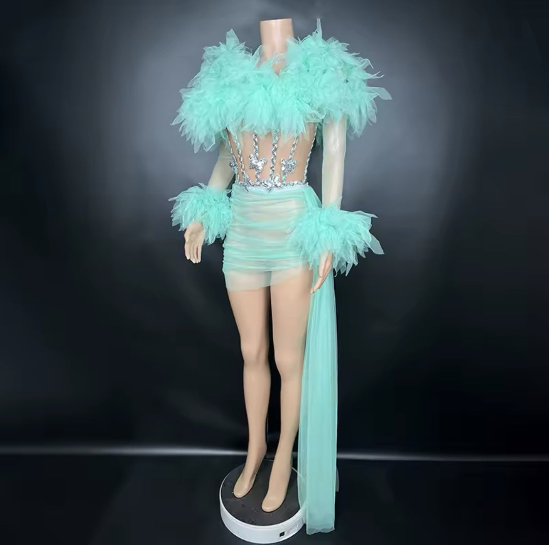 Baddie See Through with Diamonds/Butterfly Ruffle Dress