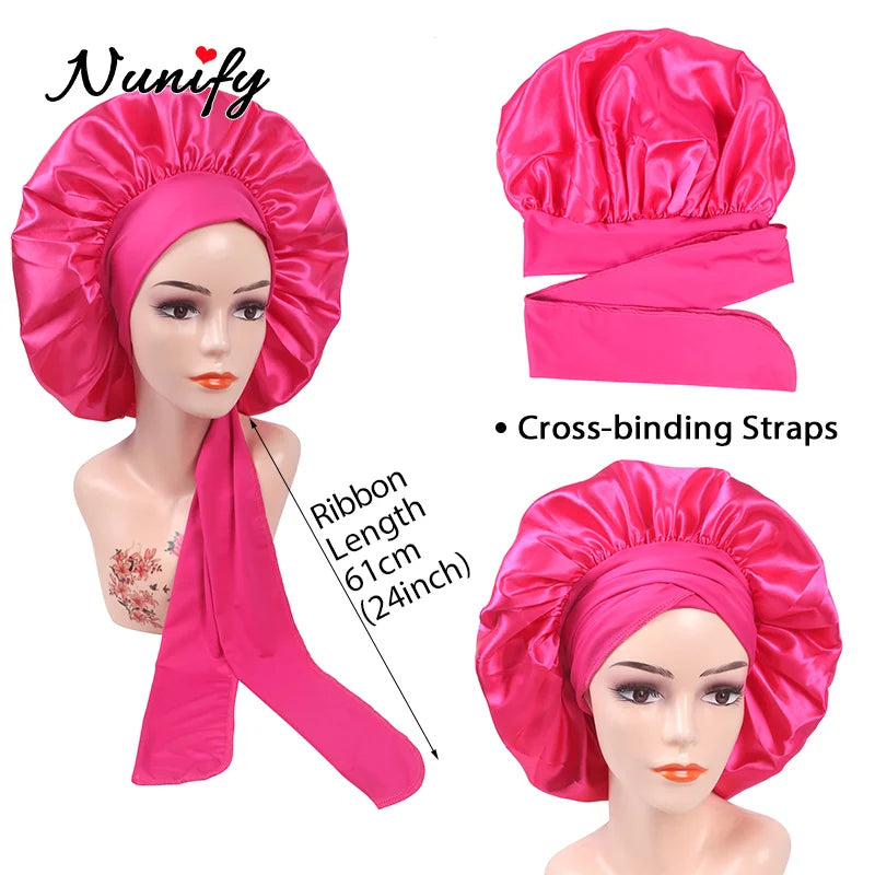 New Satin Solid Sleeping Hat With Stretchy Tie Band Elastic For Women Night Shower Cap Adjustable Hair Head Cover Bonnet Turban