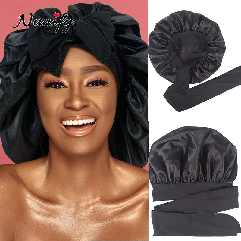 New Satin Solid Sleeping Hat With Stretchy Tie Band Elastic For Women Night Shower Cap Adjustable Hair Head Cover Bonnet Turban