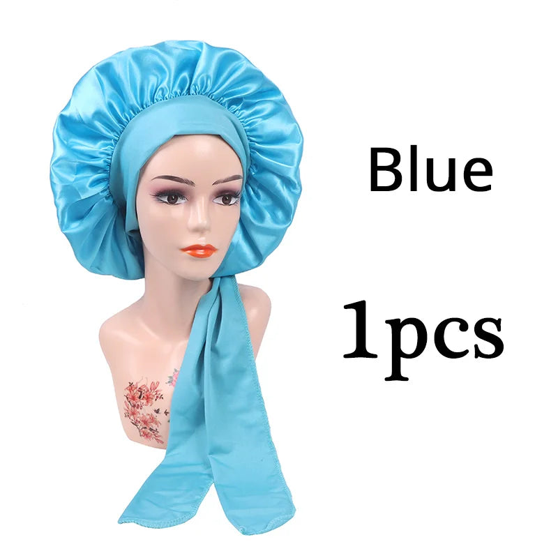 New Satin Solid Sleeping Hat With Stretchy Tie Band Elastic For Women Night Shower Cap Adjustable Hair Head Cover Bonnet Turban