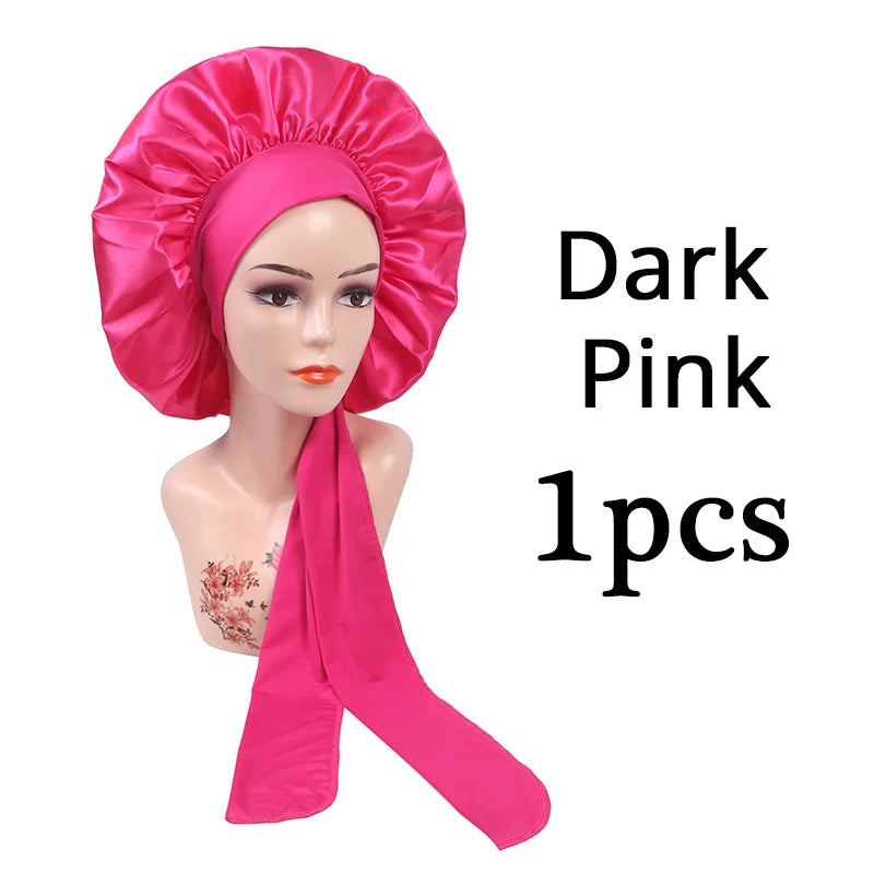 New Satin Solid Sleeping Hat With Stretchy Tie Band Elastic For Women Night Shower Cap Adjustable Hair Head Cover Bonnet Turban