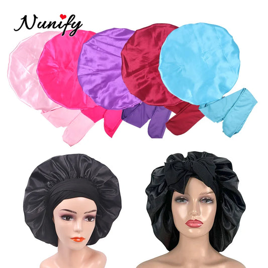 New Satin Solid Sleeping Hat With Stretchy Tie Band Elastic For Women Night Shower Cap Adjustable Hair Head Cover Bonnet Turban