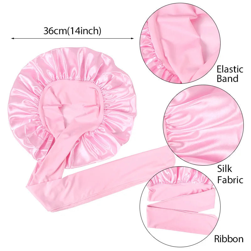 New Satin Solid Sleeping Hat With Stretchy Tie Band Elastic For Women Night Shower Cap Adjustable Hair Head Cover Bonnet Turban