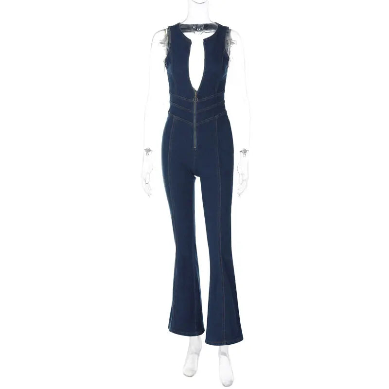 Women Denim Jumpsuit Backless Heart Cutout Bodycon Sleeveless Y2k Slim One-Piece Outfits Retro Female Jumpsuits New 2023 Fashion