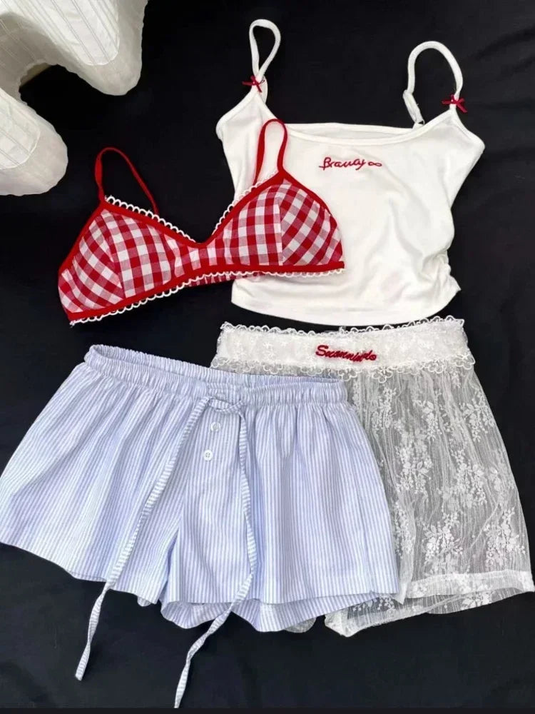 Woman New Korean Fashion Lace 4 Piece Set Spicy Girls Y2k Elastic V Neck Sling Plaid Top + Casual  Bow Short Pants Chic