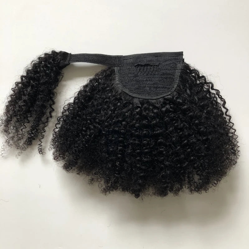 Mongolian Afro Kinky Curly Human Hair Wrap Around Ponytail Natural Color Clip Ponytail Extension Hair For Women 8-22 Inch