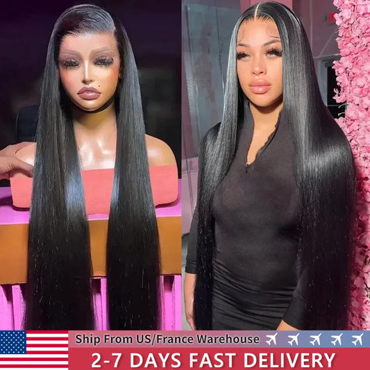 Almond - Straight 13x4 HD Transparent Lace Front Wig 30 32 Inch 13x6 Lace Frontal Wigs Human Hair 180 Density Brazilian Natural Black Wig