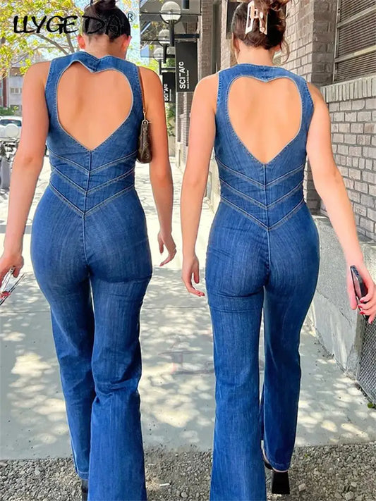 Women Denim Jumpsuit Backless Heart Cutout Bodycon Sleeveless Y2k Slim One-Piece Outfits Retro Female Jumpsuits New 2023 Fashion