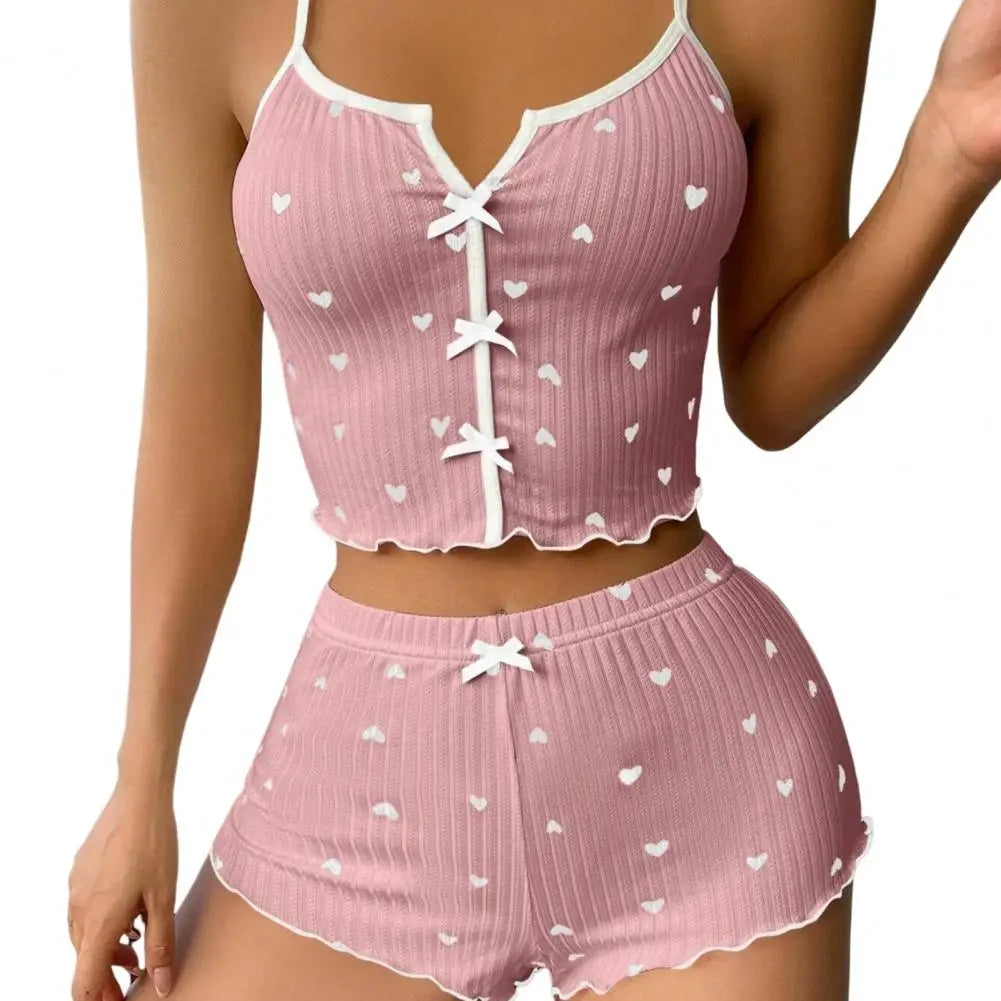 Women's Two-piece Pajamas Elegant Heart Print Homewear Set with Sleeveless Vest High Waist Shorts Summer Sleepwear Outfit