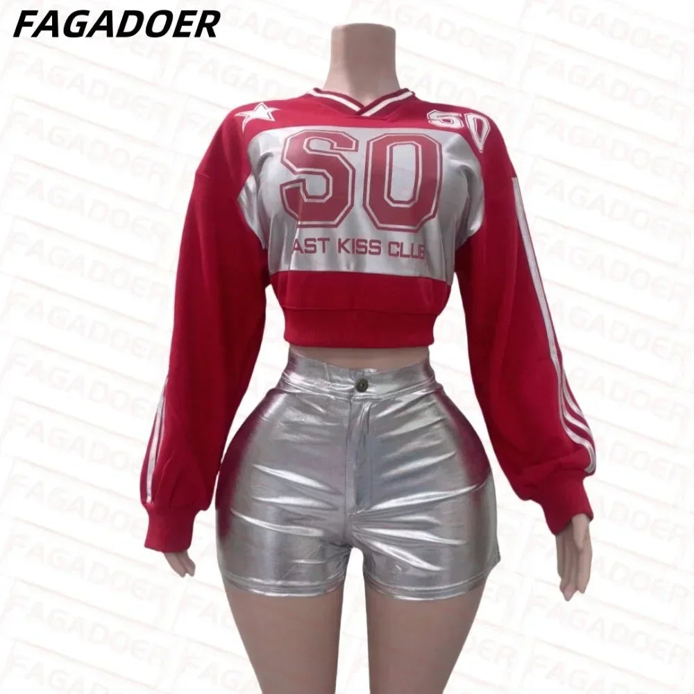 Fashion Women 2 Piece Set Outfit Streetwear Letter Printing V Neck Long Sleeve Pullover + Button High Waist Shorts