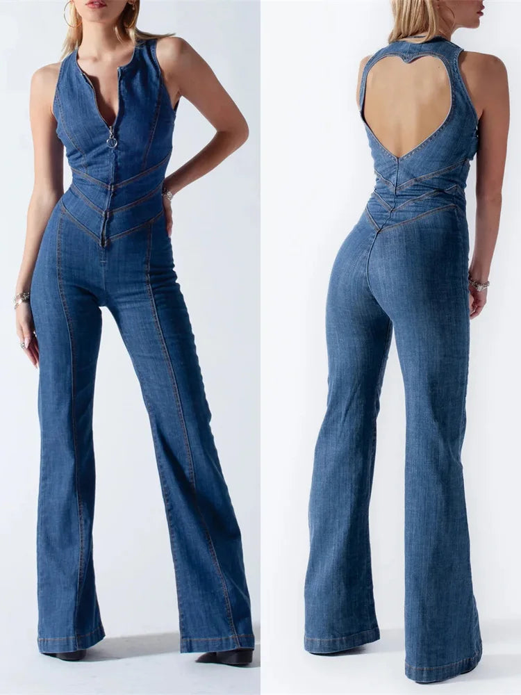 Women Denim Jumpsuit Backless Heart Cutout Bodycon Sleeveless Y2k Slim One-Piece Outfits Retro Female Jumpsuits New 2023 Fashion