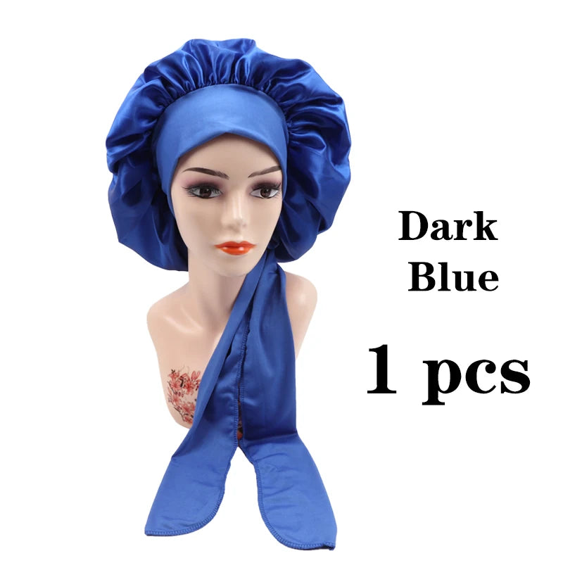 New Satin Solid Sleeping Hat With Stretchy Tie Band Elastic For Women Night Shower Cap Adjustable Hair Head Cover Bonnet Turban