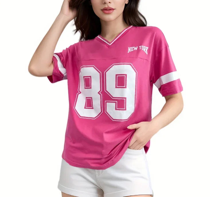 Women's Cute Girls Pink style Jersey Letter  Print Short Sleeve Casual shirt and Skirt  2 Piece Set