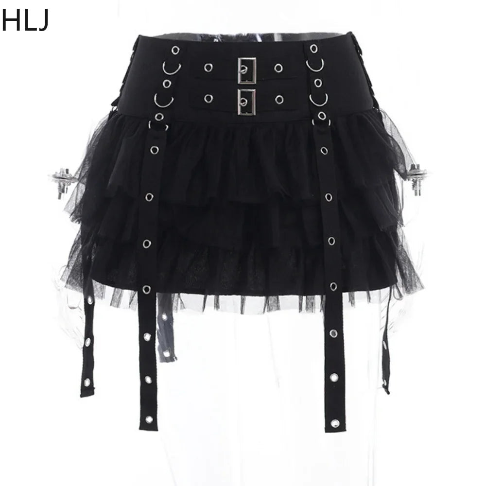 Black Y2K Punk Streetwear Women Mesh See Though Bodysuits + Stacked Mini Skirts Two Piece Sets Fashion Trend 2pcs Outfits