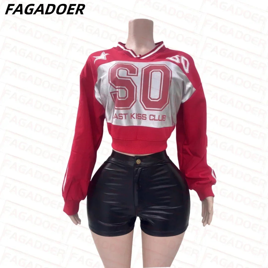 Fashion Women 2 Piece Set Outfit Streetwear Letter Printing V Neck Long Sleeve Pullover + Button High Waist Shorts