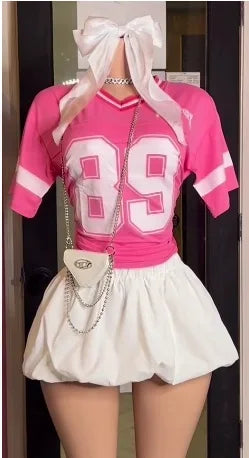 Women's Cute Girls Pink style Jersey Letter  Print Short Sleeve Casual shirt and Skirt  2 Piece Set