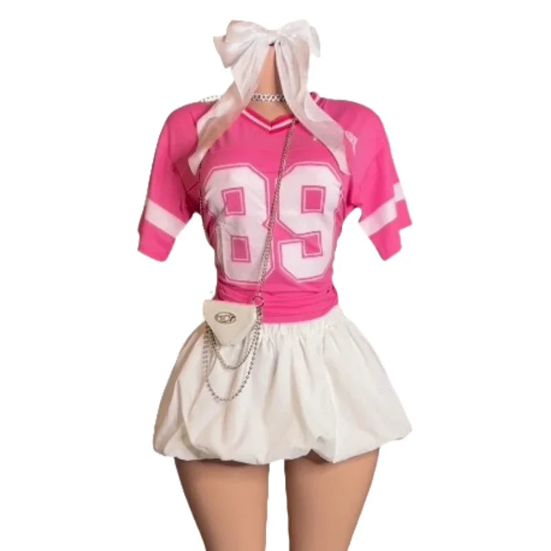 Women's Cute Girls Pink style Jersey Letter  Print Short Sleeve Casual shirt and Skirt  2 Piece Set