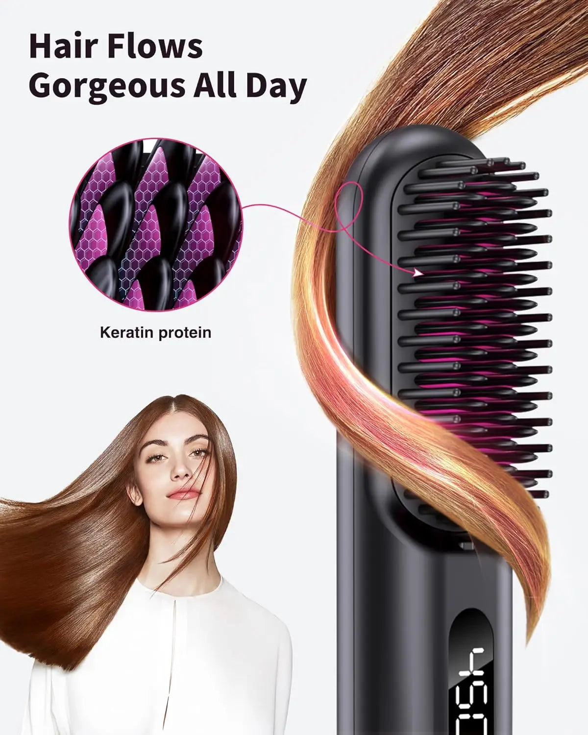 Cordless Hair Straightener Portable Brush 30s Fast Heating 10000mAh Rechargeable 300 Million Negative Ions Straightening Comb