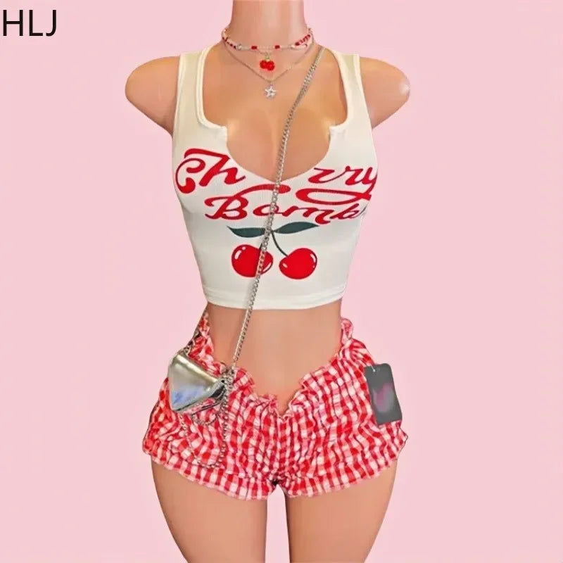 Cherry Print Fashion Ruffle Shorts Two Piece Sets For Women V Neck Sleeveless Tank Top + Ruched Shorts Street Outfits