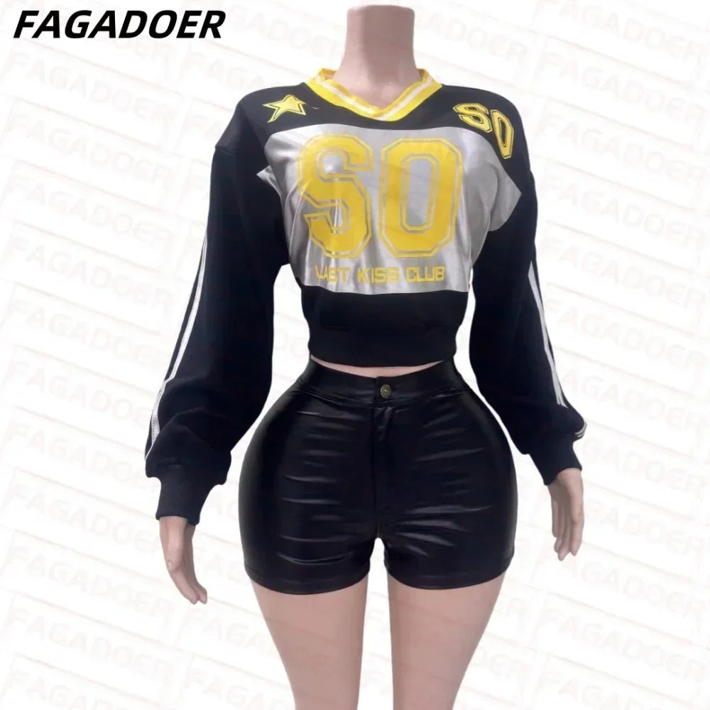 Fashion Women 2 Piece Set Outfit Streetwear Letter Printing V Neck Long Sleeve Pullover + Button High Waist Shorts