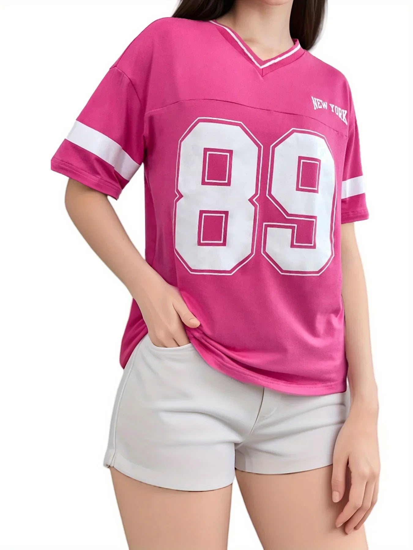 Women's Cute Girls Pink style Jersey Letter  Print Short Sleeve Casual shirt and Skirt  2 Piece Set