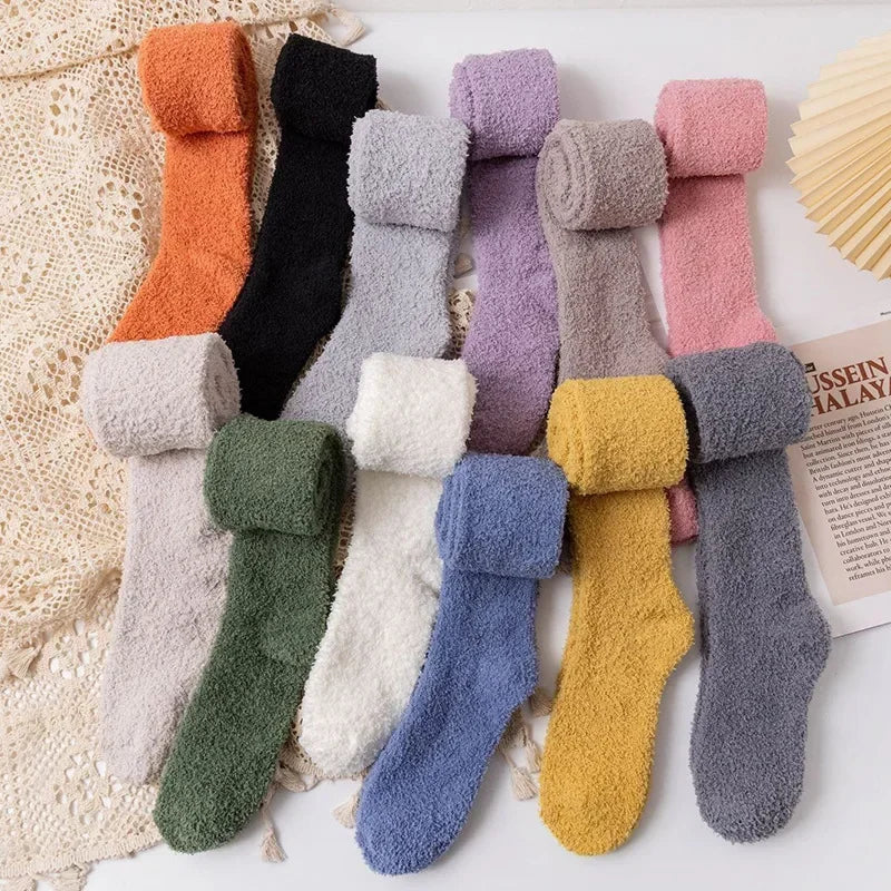 Winter Warm Coral Fleece Over-knee High Socks Women Plush Lolita Home Sleep Floor Long Socking Jk Solid Soft Thigh High Fun Sock