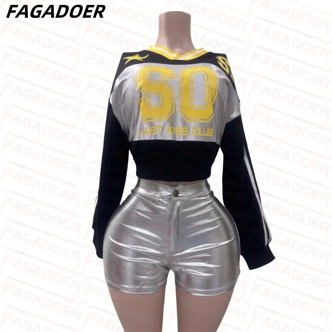 Fashion Women 2 Piece Set Outfit Streetwear Letter Printing V Neck Long Sleeve Pullover + Button High Waist Shorts